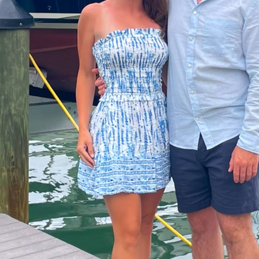 Blue and White Strapless Romper